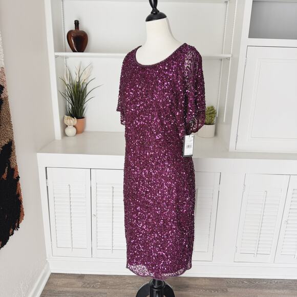 Adrianna Papell Cabernet Purple Sequin Beaded Flutter Sleeve Cocktail Dress 12 - Picture 4 of 9